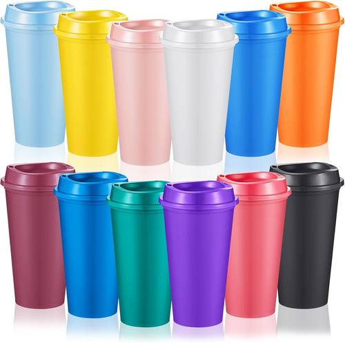 12 Pcs Reusable Coffee Cups with Lids 16 Oz Travel Hot Cups Microwavable Plastic - Picture 10 of 12
