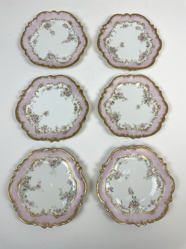 Set aus 6 viktorianischen Tellern A. Lanternier Limoges rosa mit goldbesetztem Rand 6 Zoll - Bild 3 von 14