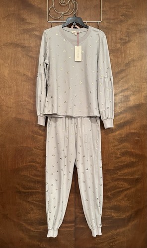 SOLITAIRE 2 Piece Loungewear Set Womens S M Gray Gold Metallic Hearts Sweatsuit