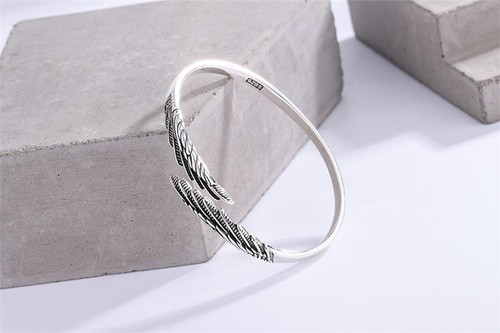 Retro Feather 925 Sterling Silver Open Bracelet, Thai Style Trendy Wings Design - Picture 17 of 24