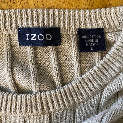 IZOD Men's Knit Ribbed Crewneck Sweater Size Large Beige 100% Cotton Classic  - Picture 6 of 8