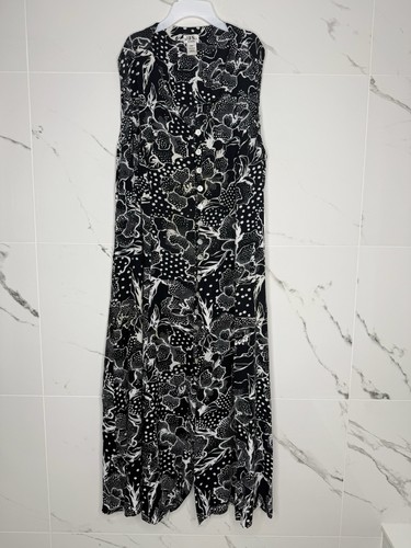 VTG JBS Floral Cottagecore 90s Romantic Flowy Maxi Dress Sz 18 Black White Black