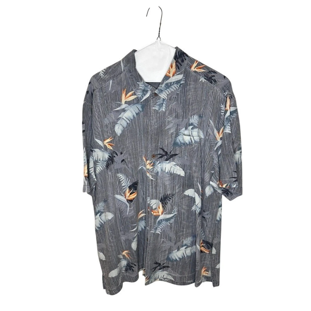Tommy Bahama Mens XL Silk Tropical Floral Bird of Paradise Camp Shirt Grey
