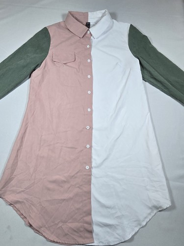 SHEIN Damen grün rosa weiß Langarm Button Down Mini Shirt Kleid XL - Bild 2 von 9