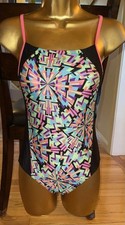 NWT Speedo Multi Colored Geometric Thin Strap One-Piece Swimsuit Girls L 12 14