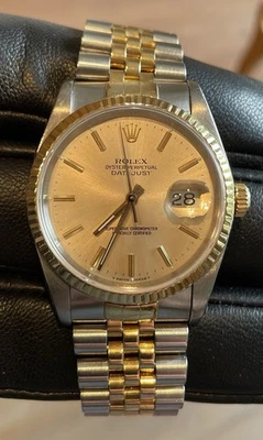 Rolex Date 16233 Mens SS & 18K Yellow Gold 36mm Jubilee Band Silver Dial w/ B&P