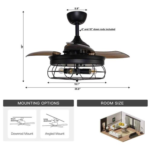matrix decor 36 in. Black Downrod Mount Retractable Ceiling Fan w/Light+Remote - Picture 3 of 13