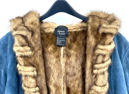Vintage 90s Dennis Basso Women's Blue Suede Hooded Coat w/Faux Fur Trim & Lining - Picture 3 of 10