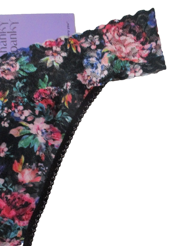 HANKY PANKY ONE SIZE OS THONG 4811 ORIGINAL RISE PINK BLACK FLORAL NYLON PANTIES - Picture 3 of 4