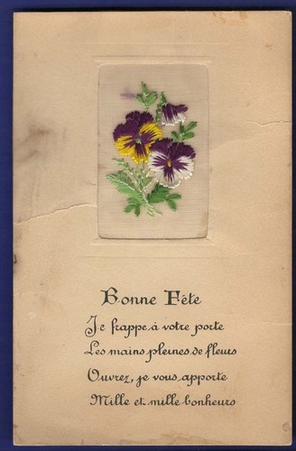 Postal Bonne Fete 1922 flores bordadas escritura francesa  - Imagen 1 de 2