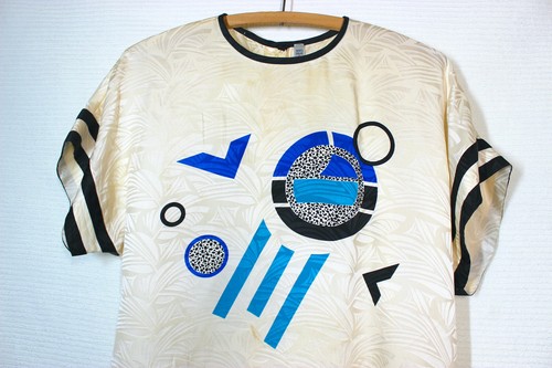 Vtg 70s Silk Shirt S M Woven Tshirt Black Ringer Kandinsky Unique Rare Disco - Picture 2 of 12