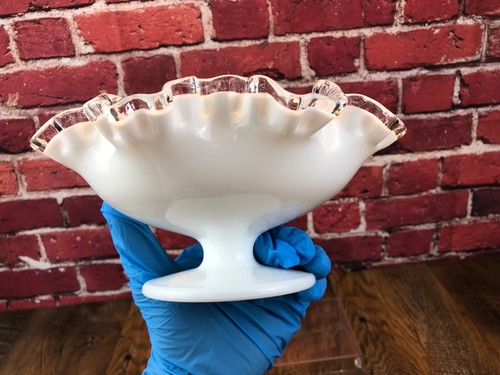 Vintage FENTON MILK GLASS WHITE Silver Crest Compote RUFFEL BOWL 8.25" Diameter - Picture 4 of 11