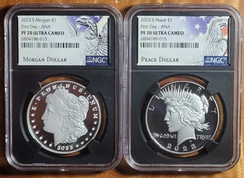 2023 S MORGAN & PEACE Silver Dollar NGC PF70 UC 2pc Set  FIRST DAY ANA RELEASE!!