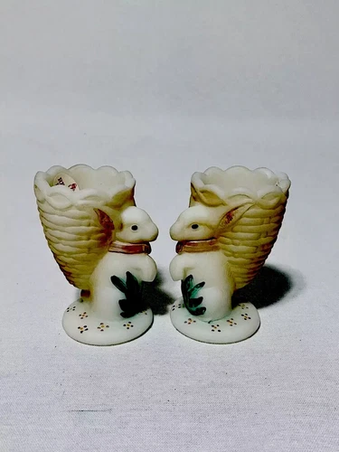Fenton Egg Cups White Satin Bunny (pair) Hand Painted & Signed