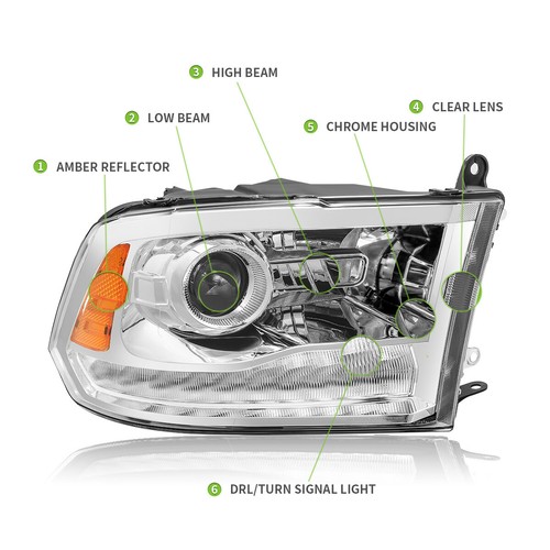 Fit 2009-2018 Dodge Ram 1500/2500/3500 Chrome DRL+Projector Headlights - Picture 2 of 7