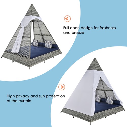 90.5" Outdoor Sunbed w/Pillows, Wicker Patio Daybed With Cushions, Tent Shape - Picture 15 of 35