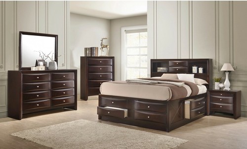 Contemporary Style 4Pc King Size Bed Dresser Mirror Nightstand Set Cherry Finish - Picture 1 of 4