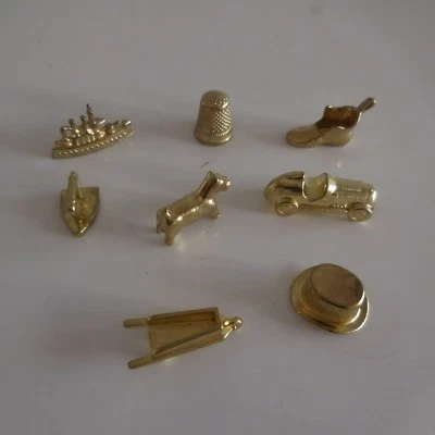 8 miniatures figurines statues métal doré jeu Monopoly collection design XXe - Photo 1/4