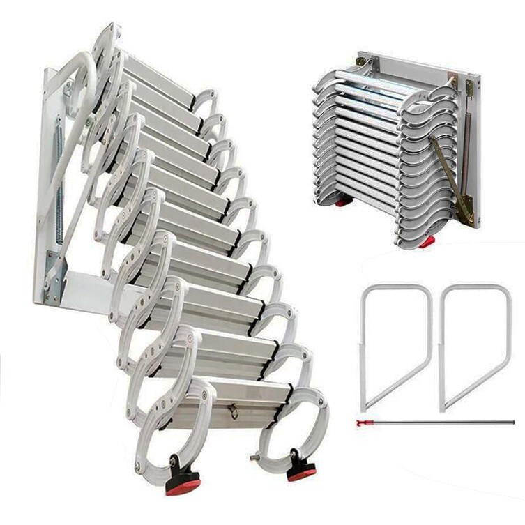 Wall-Mounted Loft Ladder Stairs,14Steps Extension Attic Stairs Folding Ladder US-image