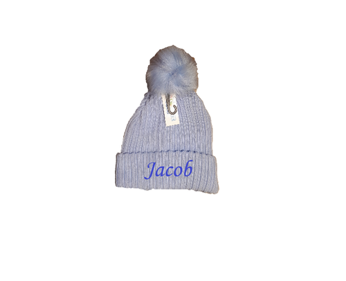 PERSONALISED BABY FUR pom pom HAT KNITTED WINTER WHITE PINK BLUE GREY 6-18months - Picture 3 of 7