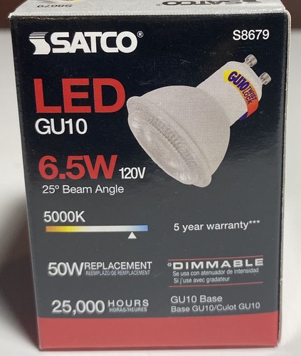 MR16 Lensed LED 6.5 Watt GU10 base Dimmable 25 Deg 50K Natural White SATCO - Picture 2 of 7