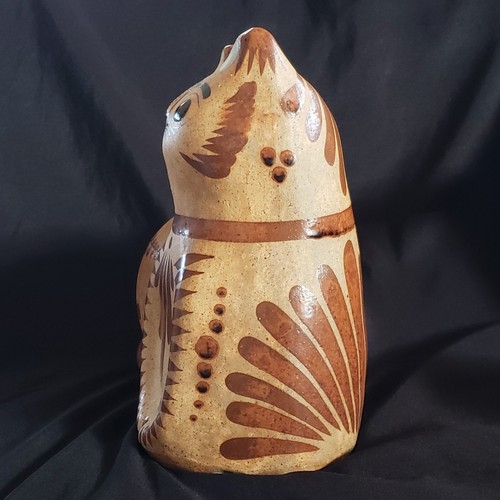 Gatto Tonala arte popolare ceramica messicana dipinto a mano uccellino e fiore blu vintage LEGGI - Foto 2 di 16
