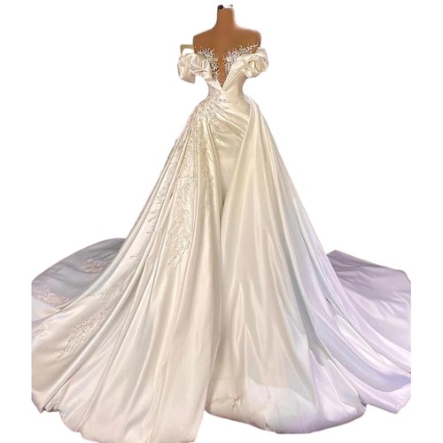 Luxury Crystal Pearls Wedding Dresses V-Neck Ruched Sleeve Beading Mermaid Gowns - Picture 2 of 10