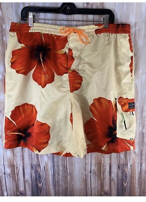 Rare -Tommy Hilfiger- Spell Out Hibiscus Print Yellow/Red Swim Trunks- Sz. XL