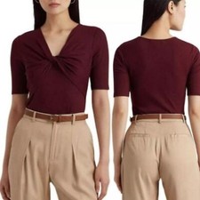 Lauren Ralph Lauren Women's Twist-Front Rib-Knit Tee Burgundy Size Large NWT