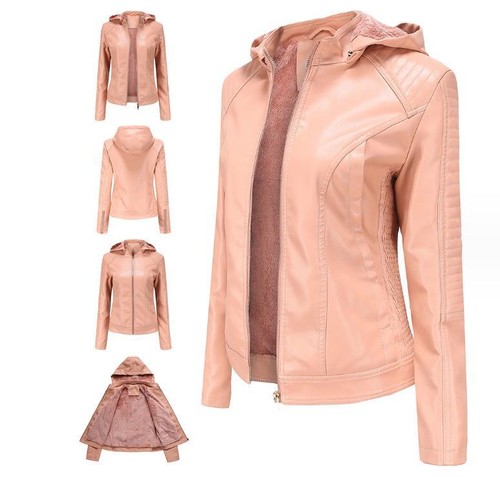 Damen Kapuze Kunstleder Motorradjacke Mantel Langarm Warm Freizeit Tops  - Bild 10 von 18