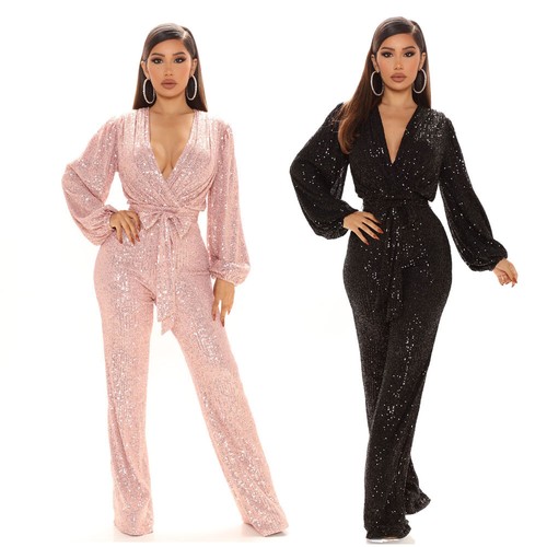 Women Sexy Sequin Deep V-Neck Long Sleeves Nightclub Jumpsuit Loose Pants - Picture 16 of 21