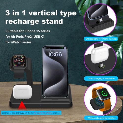 3in1 Fast Vertical Charging Station Dock for Apple Watch 9 Ultra 2 iPhone 15 Pro - Picture 1 of 28