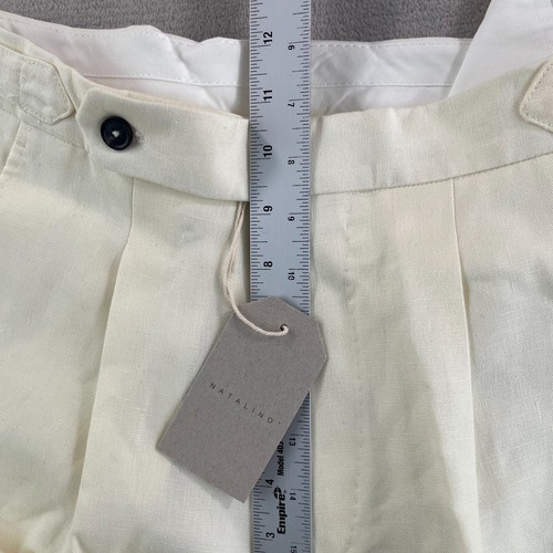 Natalino Pantalone Singolo Pieghe Uomo 28x31 Crema 100% Lino Irlandese Regolazioni Laterali - Foto 10 di 12