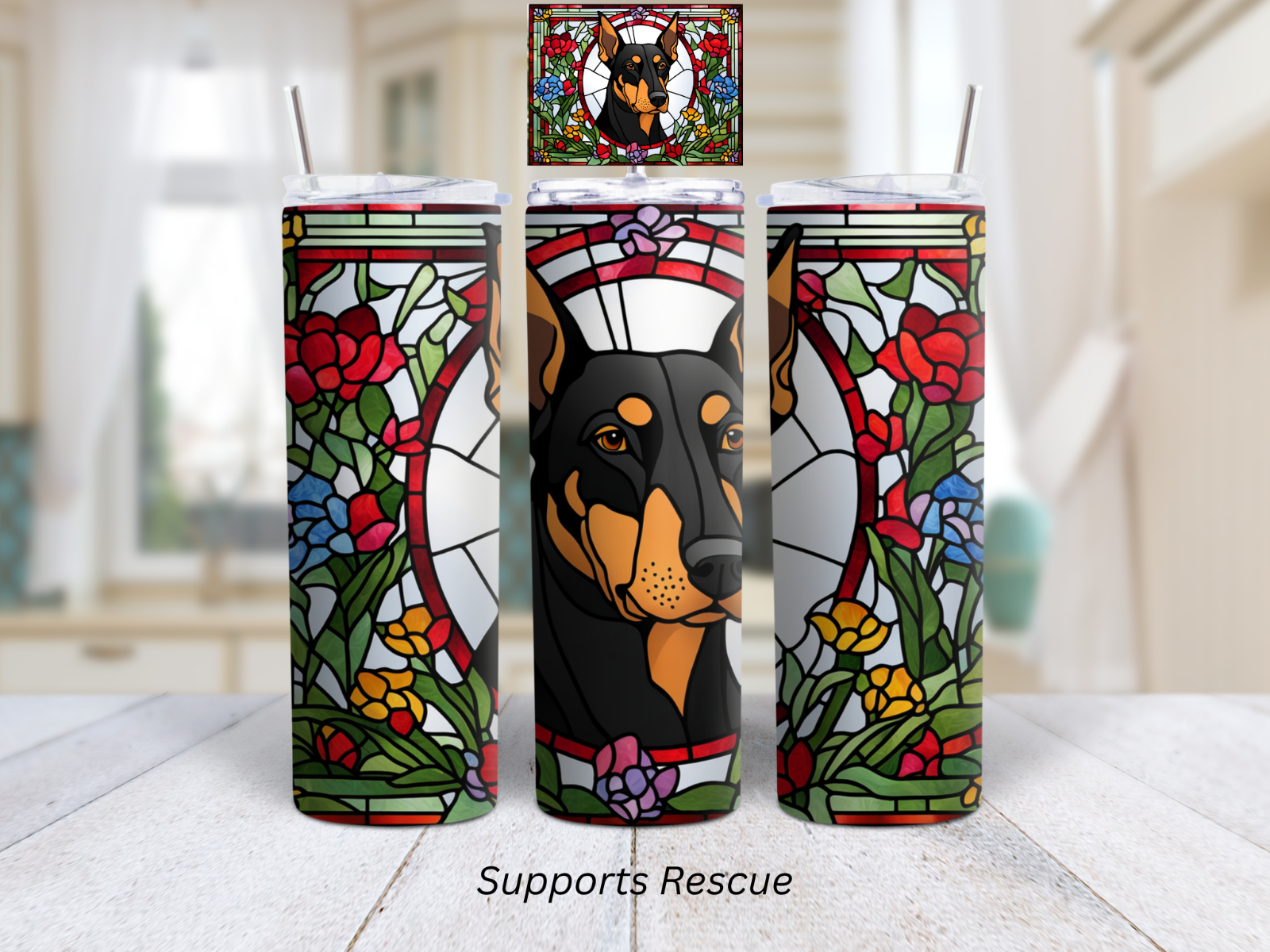 Stained Glass Doberman Dog Vibrant 20 oz Stainless Steel Insulated Tumbler