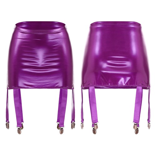 Women's Shiny Latex Skirts Suspenders Garter Belt with Six Metal Buckle Clips - Picture 36 of 67