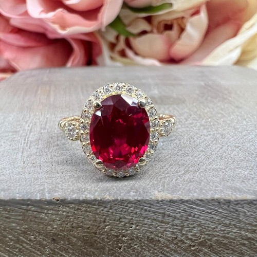 Anillo de boda para mujer 3,50 quilates diamante cultivado en laboratorio corte ovalado rubí rojo oro amarillo de 14 k - Imagen 6 de 13