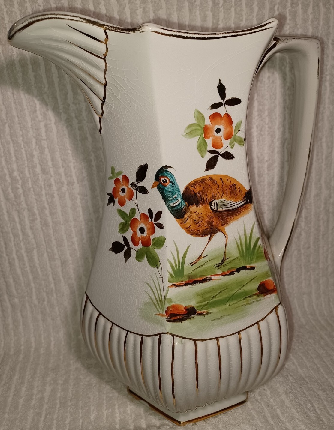 W ADAMS SONS Pitcher Vase Vintage Pheasant Crown Semi Porcelain England 13" RARE