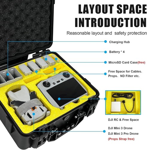 Waterproof Hard Case for DJI Mini 3/3 Pro - Includes Props Strap & MicroSD Case - Picture 4 of 9