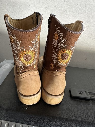 Cowgirl kids Rodeo Western Genuine Leather embroidered sunflower Boots Size 3 - Picture 5 of 6
