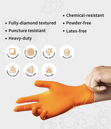 Kingfa Orange Nitrile Disposable Gloves 6 Mil Raised Diamond Texture, L & XL - Picture 4 of 16