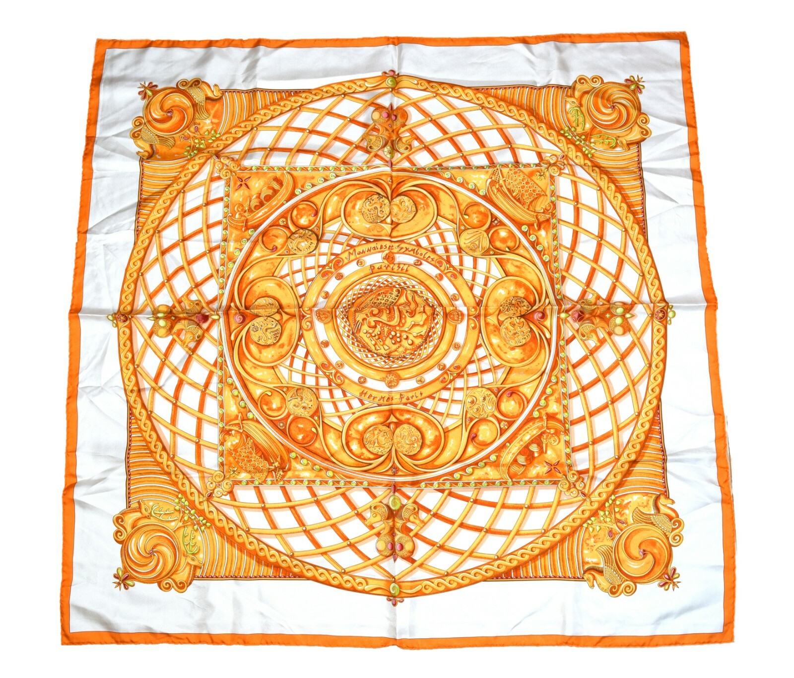 Hermes Monnaies Et Symboles Des Parisii 90cm Orange Silk Scarf-image
