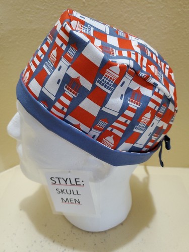 Lighthouse (red) Men's Skull/Chemo Surgical Scrub Hat/Cap Handmade - Picture 1 of 6