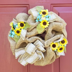 Door Wreath Lace Burlap Sunflowers Homemade Craft Home Decor New