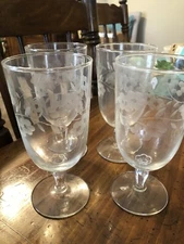 4 Vintage Tiffin Floral Etched Crystal Iced Tea & Water Goblets
