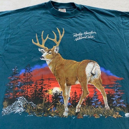 vtg 90s ROCKY MOUNTAIN WHITETAIL DEER SUNSET T-Shirt M/L national park nature