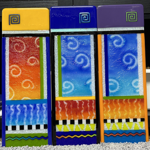 MCM Lot of 3 Fused Art Glass Wall Panels Contemporary Abstract Signed READ - Picture 14 of 23