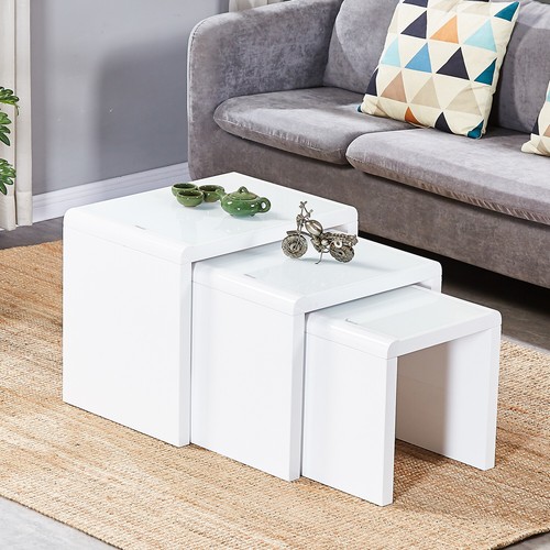 High Gloss Nest of 3 Tables Tempered Glass Top White Grey Side End Coffee Home - Picture 5 of 33