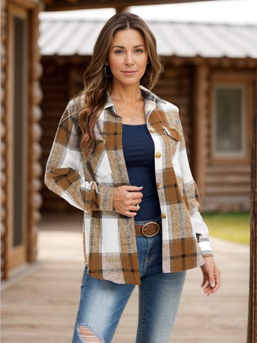 Full Size Pocketed Plaid Collared Neck Shacket - Picture 20 of 36