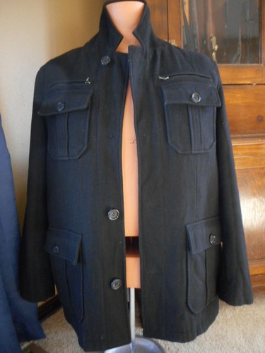 Mens Black Guess Dress Coat AS IS Missing Button Large Wool Blend - Picture 3 of 12