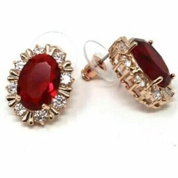 14K Rose Gold Plated 2.90Ct Lab Created Oval Red Ruby Diamond Halo Stud Earrings - Image 2 of 4